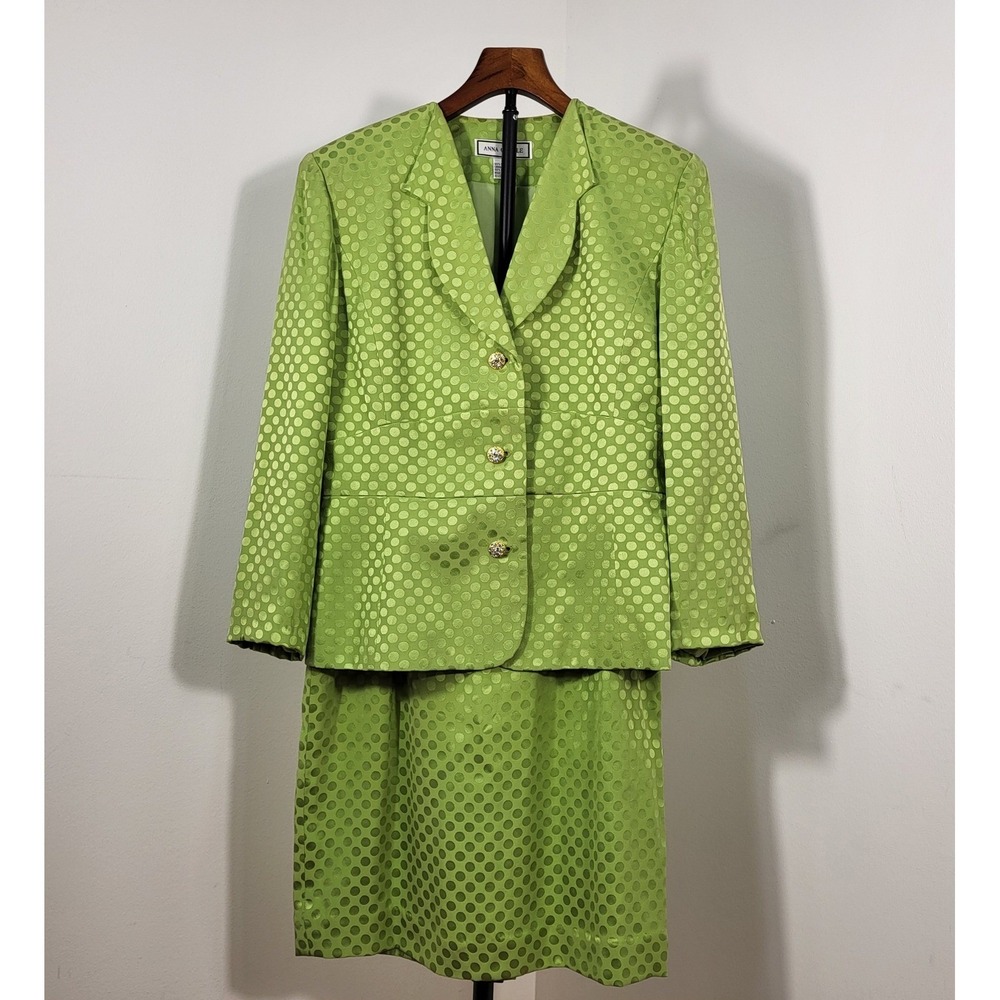 Anna Carole Womens Vintage Lime Green 100% Silk Polka Dot Skirt Suit Size 8